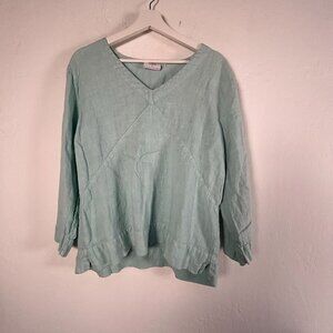 Hot Cotton by Marc Ware Womens Linen V-Neck Top Blouse Large Green Long Sleeve